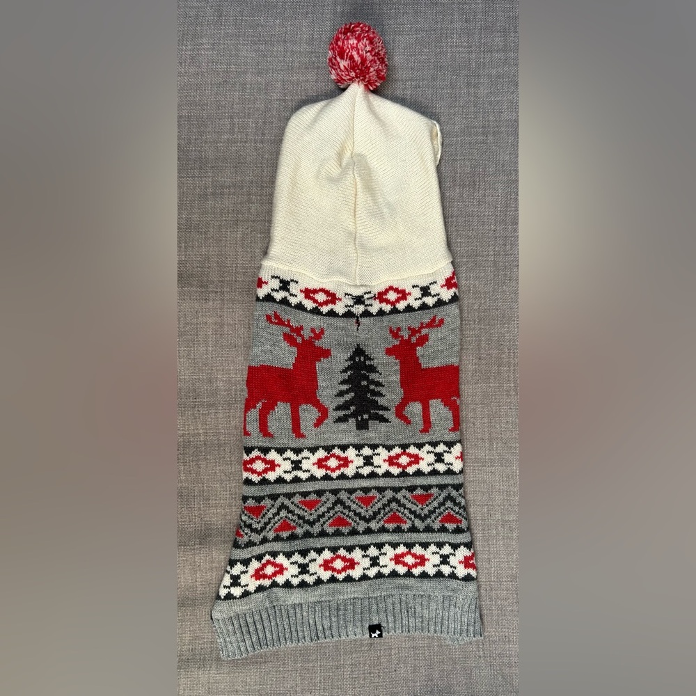 HOTEL DOGGY Pet Medium Red, Grey & White Reindeer Pompom Hoodie Sweater #0925091